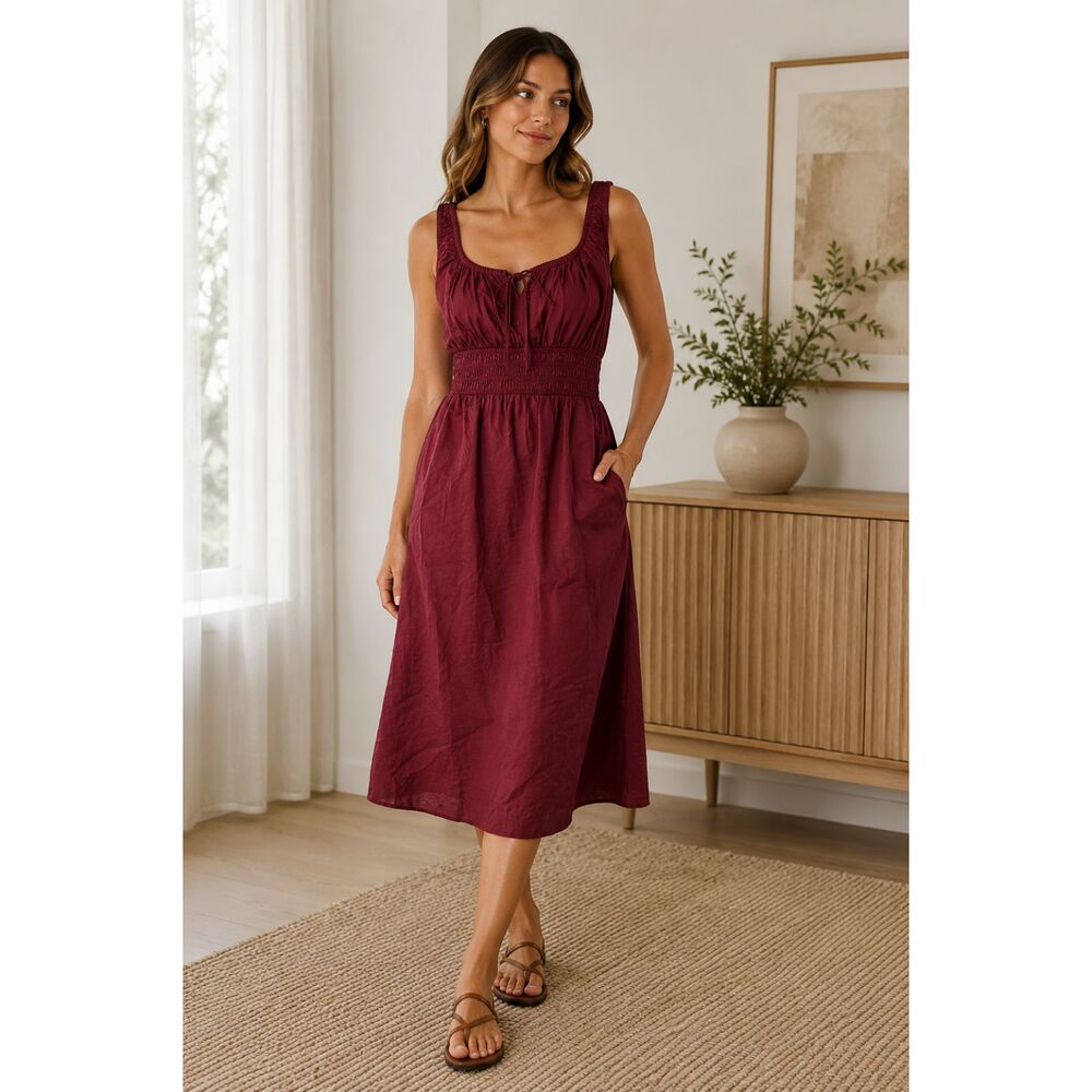 NWT Banana Republic Burgundy Smocked Midi Dress Size M Sleeveless MSRP $140